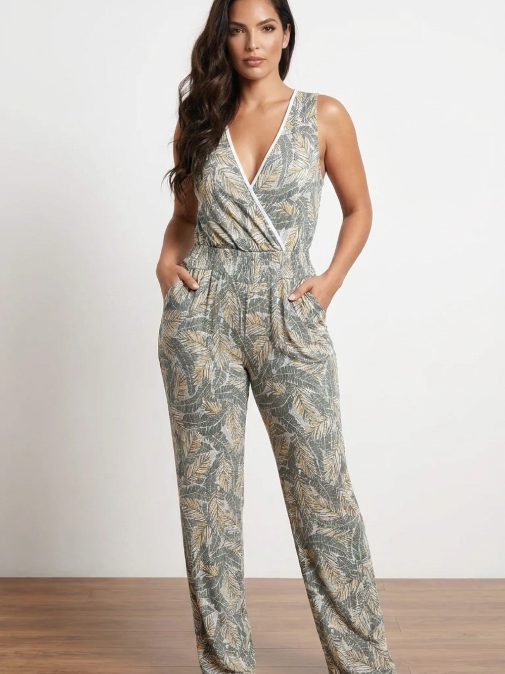 Nine West Olive and Beige Leaf-Print Sleeveless Jumpsuit
